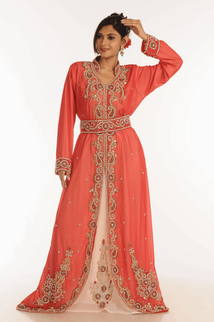 Peach Georgette Hand Embroidery Party Wear Kaftan