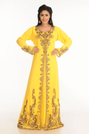 Elegant Yellow Georgette Galabiya – Hand Embroidery Modest Islamic Party Dress