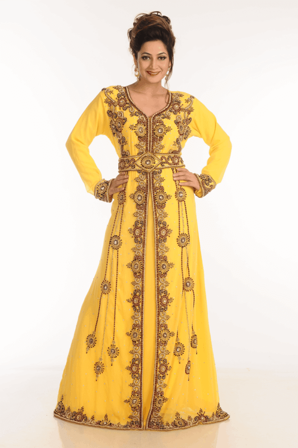 Yellow Georgette Hand Embroidery Party Wear Kaftan