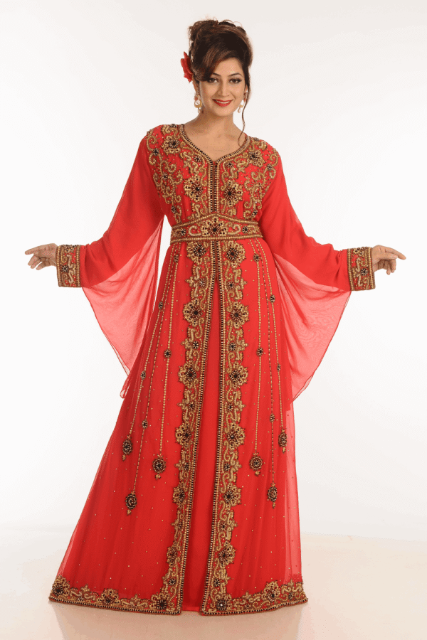 Red Georgette Hand Embroidery Party Wear Kaftan