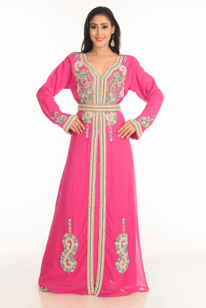 Elegant Pink Georgette Kaftan for Women – Hand Embroidered Islamic Party Dress