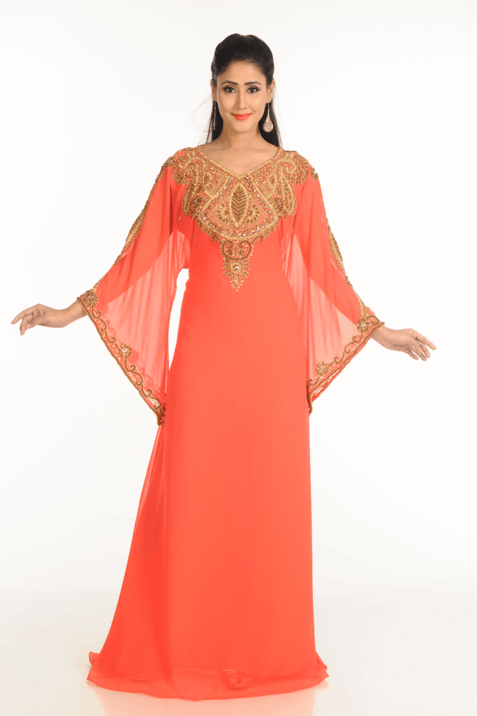 Peach Georgette Hand Embroidered Farasha – Elegant Modest Islamic Party Wear Abaya Dress