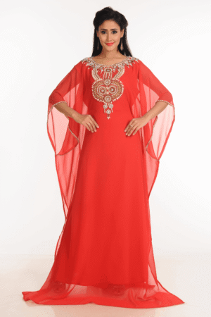Elegant Red Farasha Abaya – Hand Embroidered Georgette Party Dress for Women
