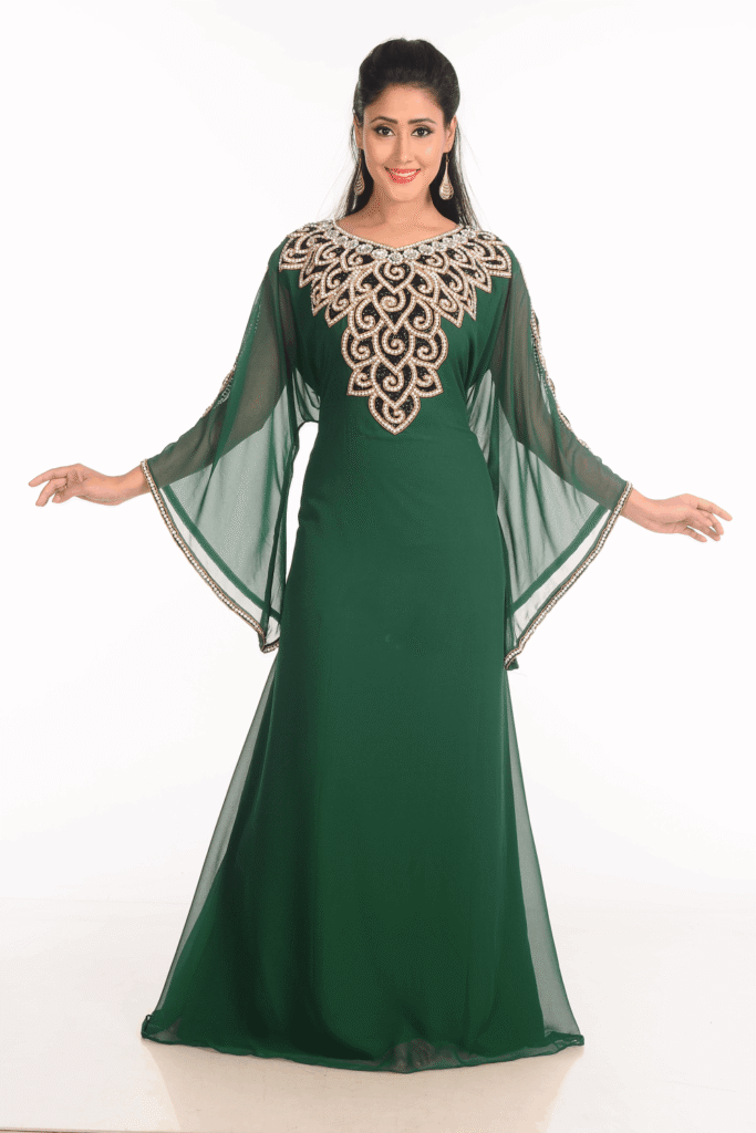 Islamic Green Kaftan Abaya – Georgette Hand Embroidery Party Dress for Women