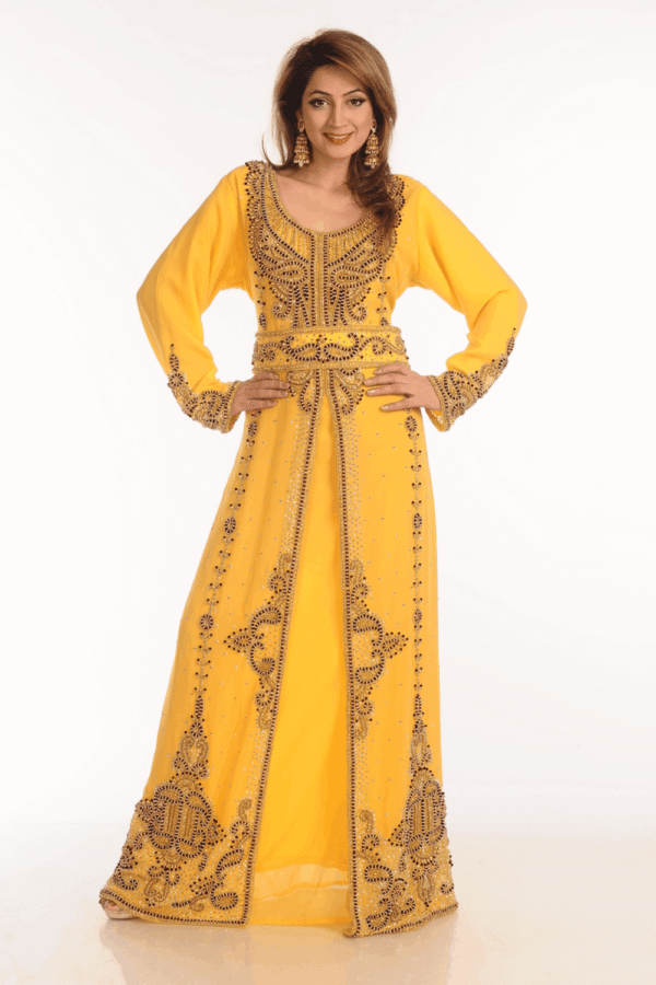 Yellow Georgette Hand Embroidery Party Wear Kaftan