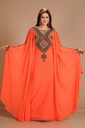 Peach Islamic Kaftan Dress – Modest Embroidered Abaya Gown | Satika India