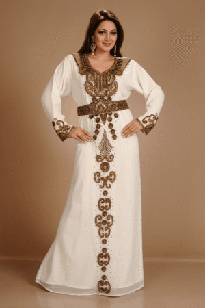 Off White Georgette Hand Embroidery Party Wear Kaftan