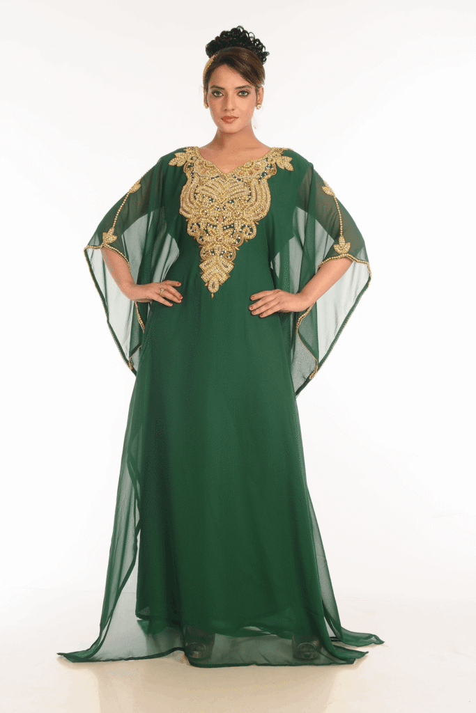 Bottle Green Moroccan Kaftan – Embroidered Farasha Jalabiya Abaya Dress | Satika India France