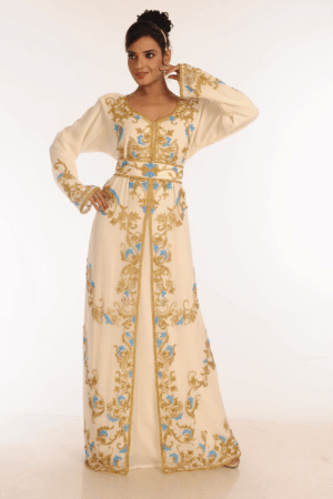 Off White Georgette Hand Embroidery Party Wear Kaftan