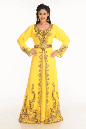 Yellow Georgette Hand Embroidery Party Wear Kaftan