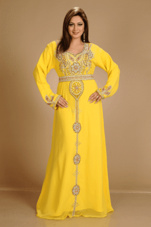 Yellow Georgette Hand Embroidery Party Wear Kaftan
