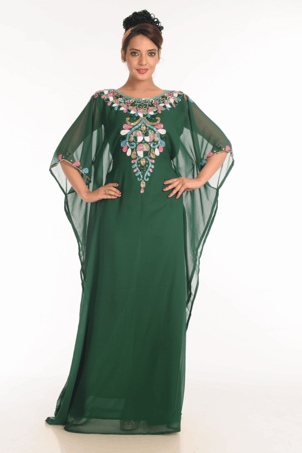 Bottle Green Georgette Hand Embroidery Party Wear Kaftan