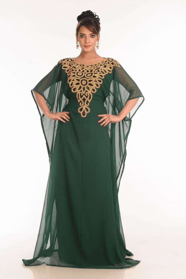Green Muslim Party Wear Kaftan – Embroidered Abaya Farasha Gown | Satika India Canada