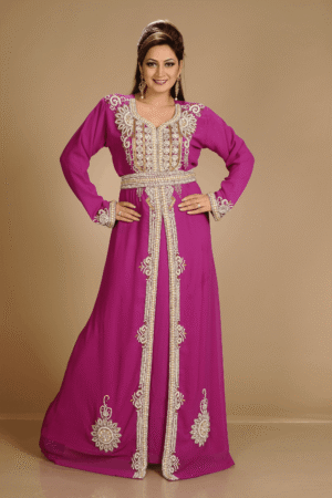 Fuchsia Pink velvet Moroccan kaftan with embroidery – Singapore wedding wear