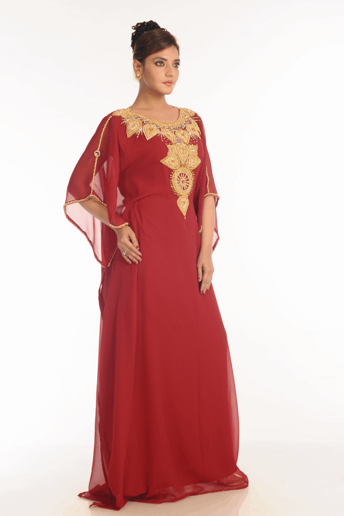 Maroon Moroccan Zari Embroidered Farasha Caftan – Tachkita Style Jalabiya | Satika India Canada