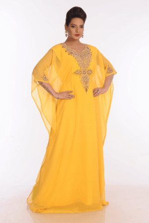 Yellow Embroidered Farasha Kaftan Jalabiya – Modest Islamic Dress | Satika India Singapore