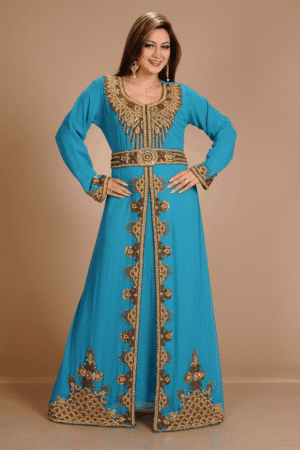 Firozi Blue Georgette Hand Embroidery Party Wear Kaftan