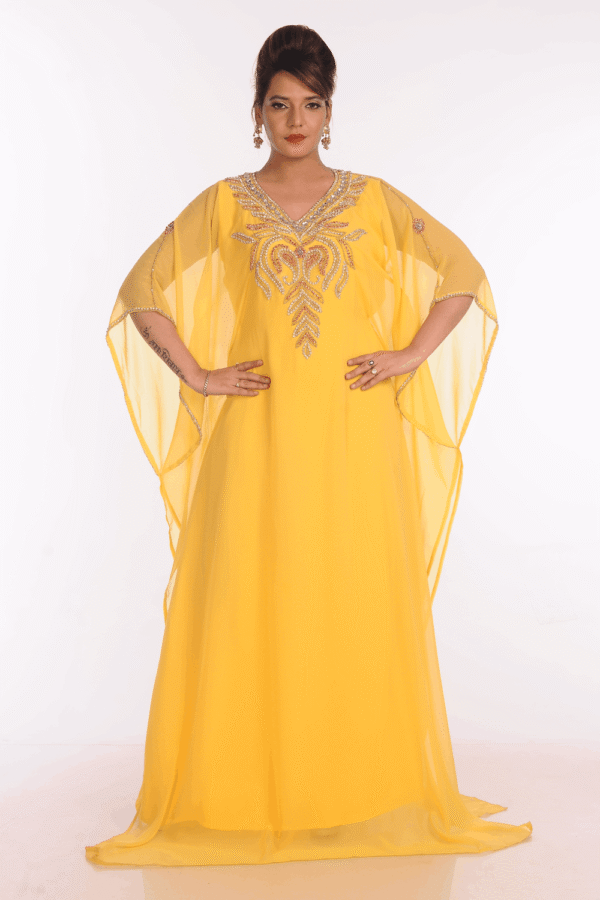 Yellow Embroidered Farasha Kaftan Jalabiya – Islamic Wear | Satika India Dubai UAE