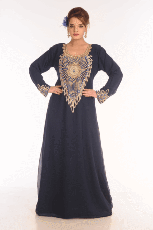 Close-up of intricate gold embroidery on Black Dubai Kaftan by Satika India
